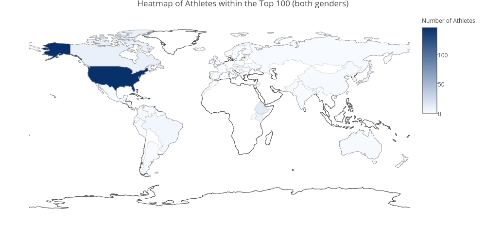 Top 100 athletes choropleth